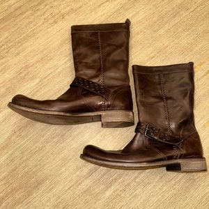 John Varvatos Motorcycle Boots Buckle Brown Distressed Leather Mens Size 11/11.5